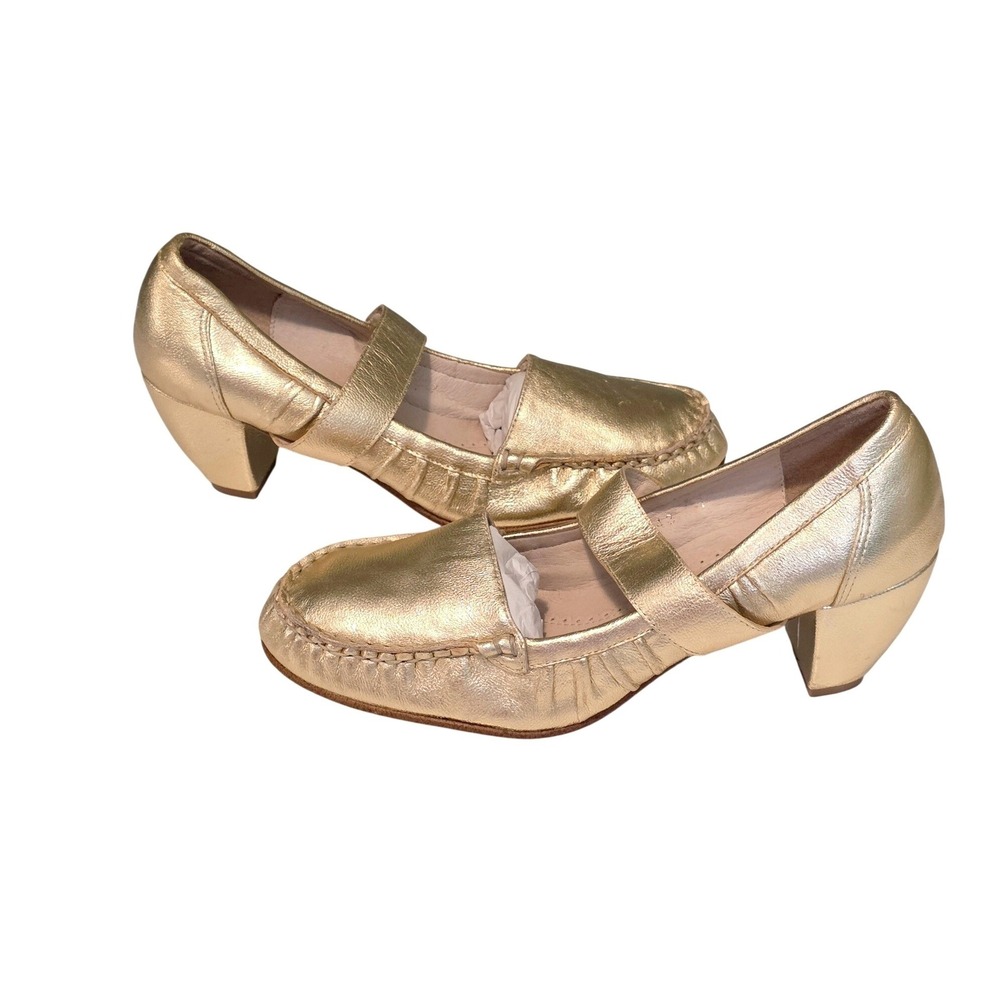 All Black Block Heel Mary Jane Loafers Womens 7 Gold Good Metallic Textured‎